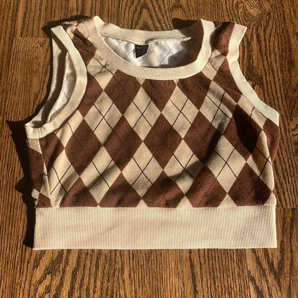 Brown Cropped Argyle Vest Brown And Cream Argyle Plaid Print
